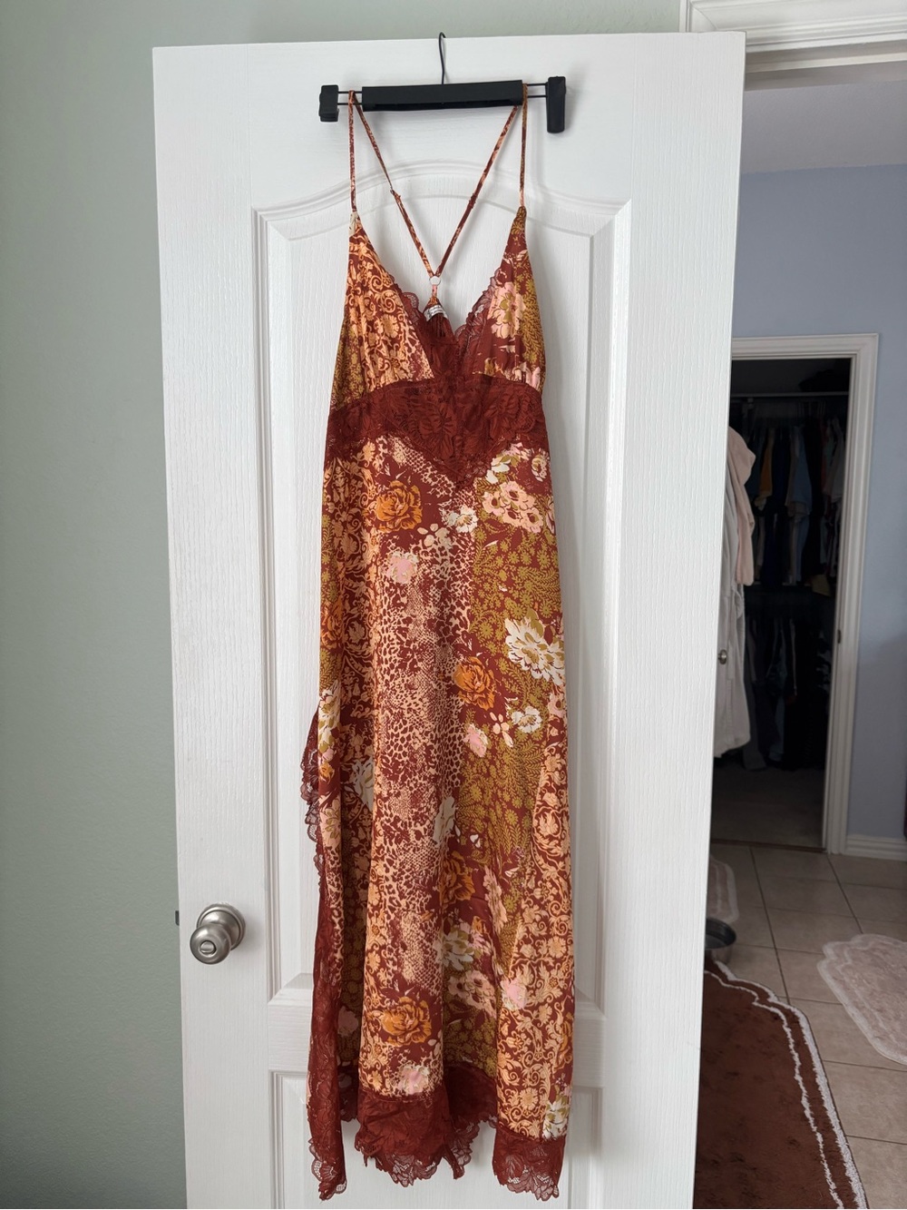 Free People Rust Multi Floral Lace-Trim Maxi Slip Dress
